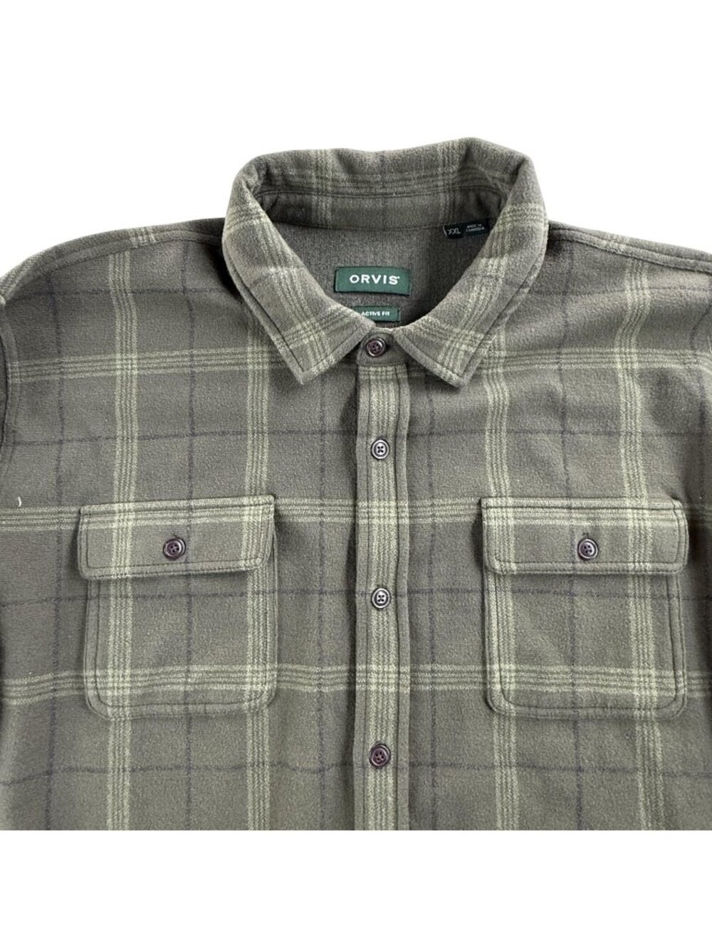 Orvis Shirt Mens 2XL Green Plaid Flannel Button Up Long Sleeve Pockets Fishing